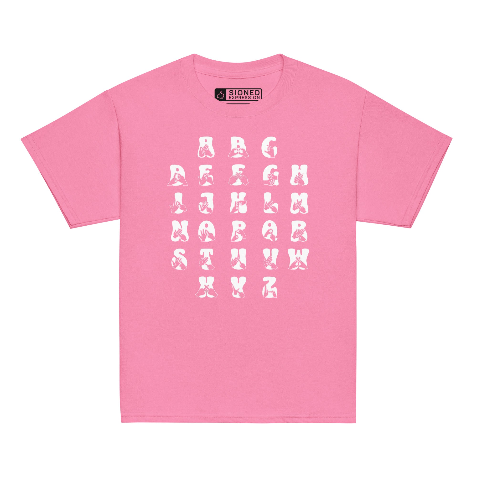 Front view of a azalea t-shirt with BSL Alphabet - White Fingerspelling & Text