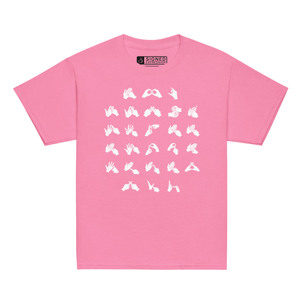 Front view of a light pink t-shirt with BSL Alphabet - White Fingerspelling