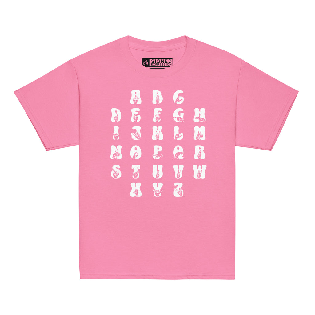 Front view of a azalea t-shirt with ASL Alphabet - White Fingerspelling & Text