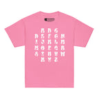 Front view of a azalea t-shirt with ASL Alphabet - White Fingerspelling & Text