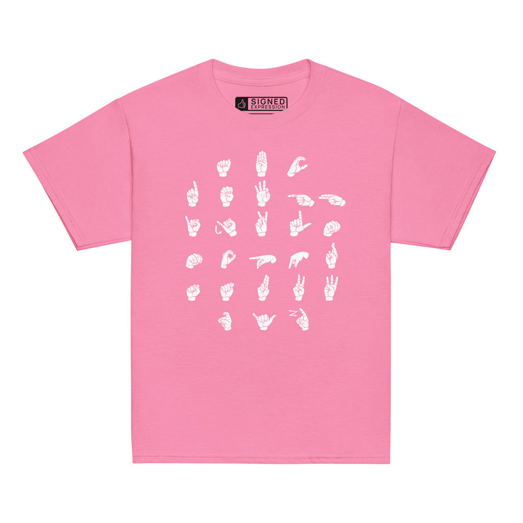 Front view of a azalea t-shirt with ASL Alphabet - White Fingerspelling
