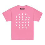 Front view of a azalea t-shirt with ASL Alphabet - White Fingerspelling