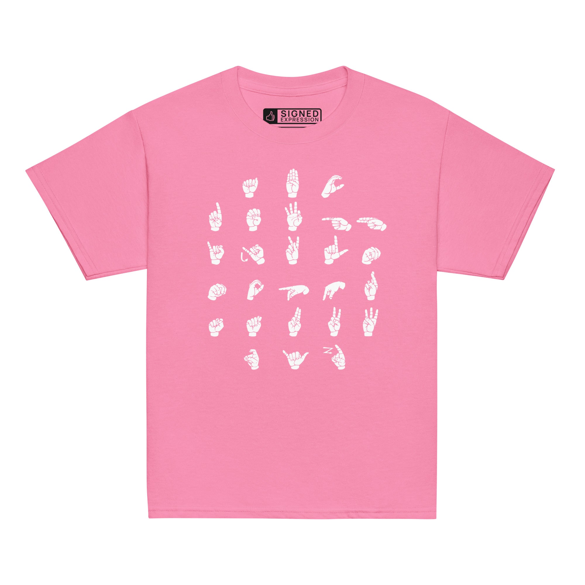 Front view of a azalea t-shirt with ASL Alphabet - White Fingerspelling
