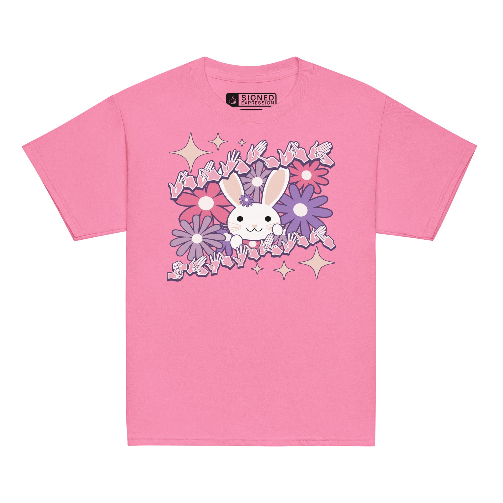 Azalea kids' t-shirt with a cheerful easter bunny and the phrase "Easter Groovin" in bold BSL fingerspelling handshapes.