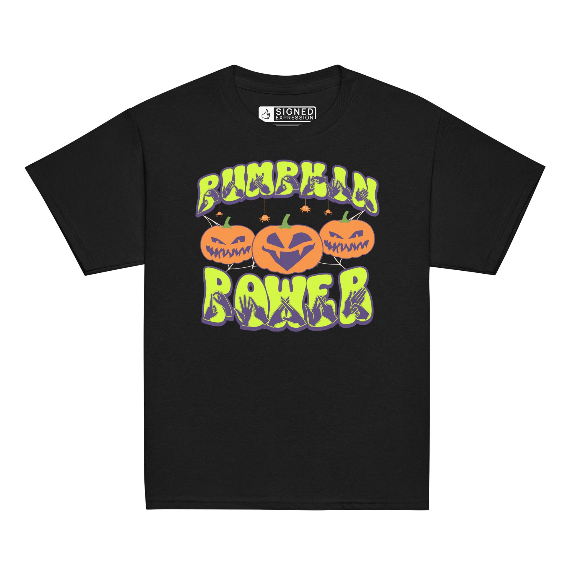 Black coloured kids pumpkin power Halloween t-shirt with BSL design.