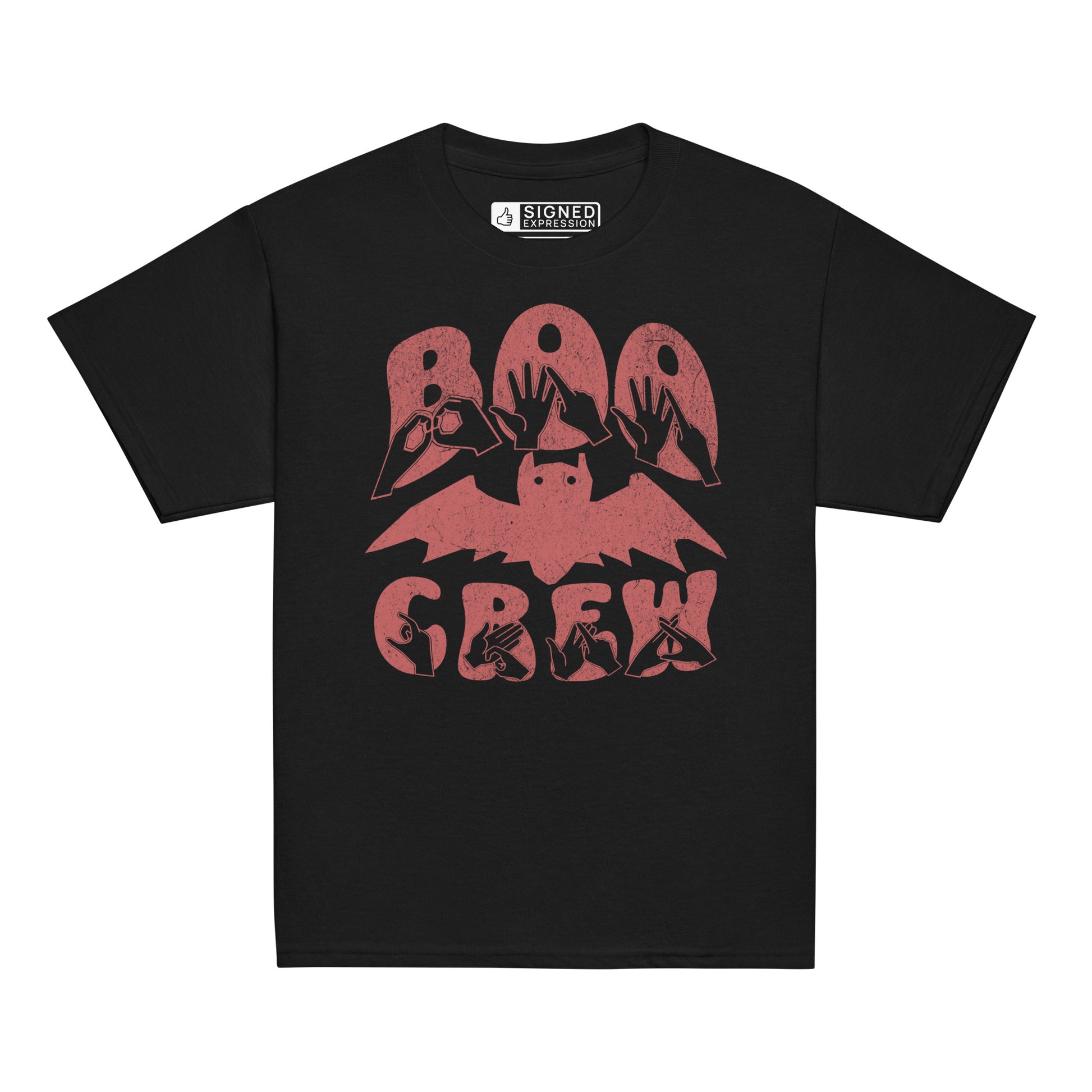 Black coloured kids Boo Crew bat Halloween t-shirt with BSL design.