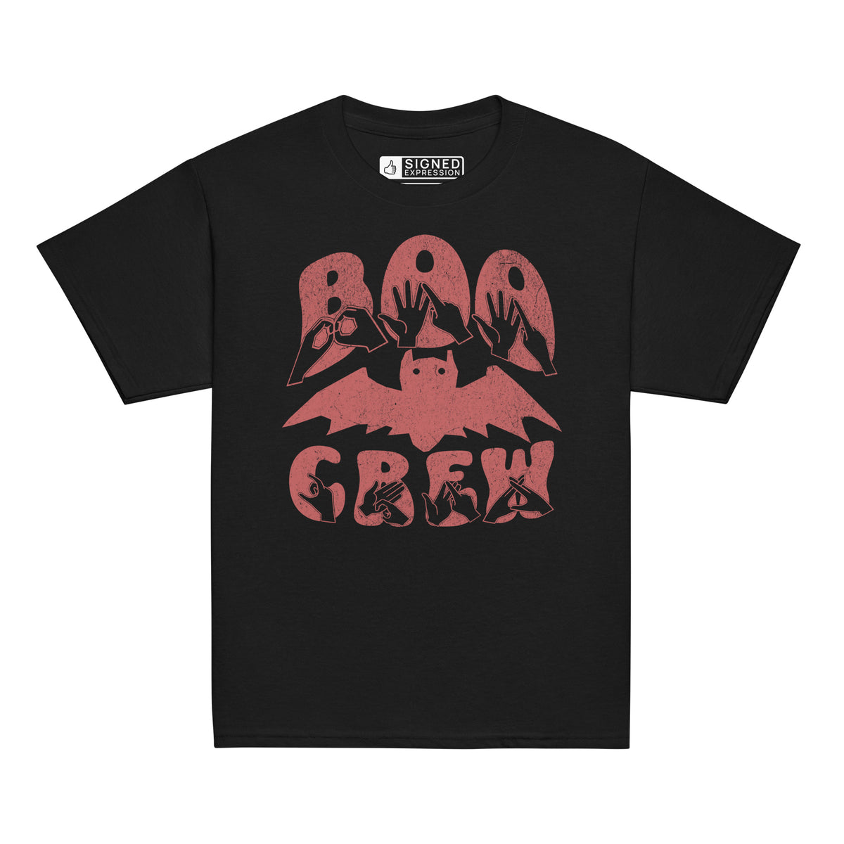 Black coloured kids Boo Crew bat Halloween t-shirt with BSL design.