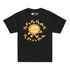 Black kids' t-shirt with a cheerful sunshine character and the phrase "summer vibes" in bold BSL fingerspelling handshapes, in a lightly textured style.