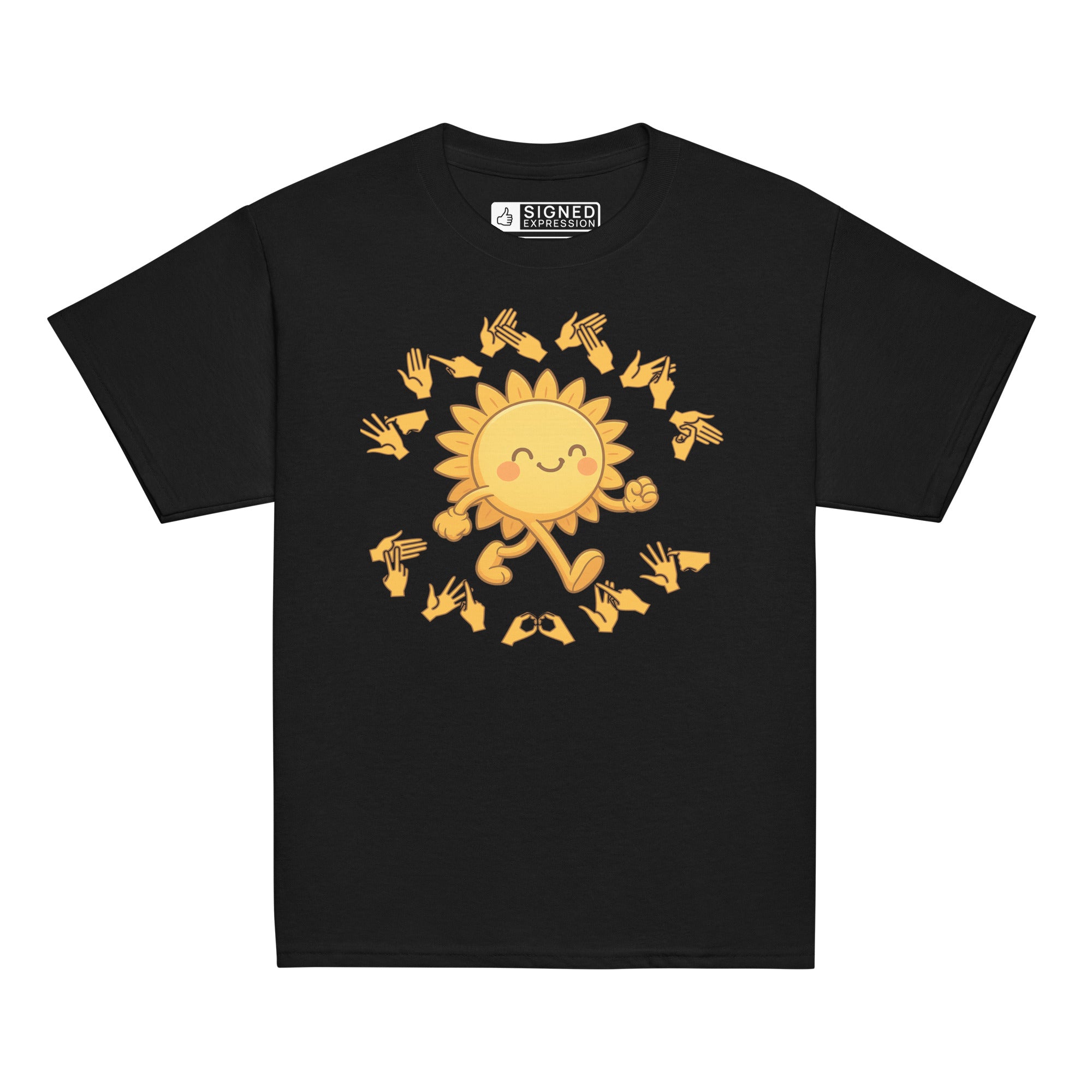 Black kids' t-shirt with a cheerful sunshine character and the phrase "summer vibes" in bold BSL fingerspelling handshapes, in a lightly textured style.