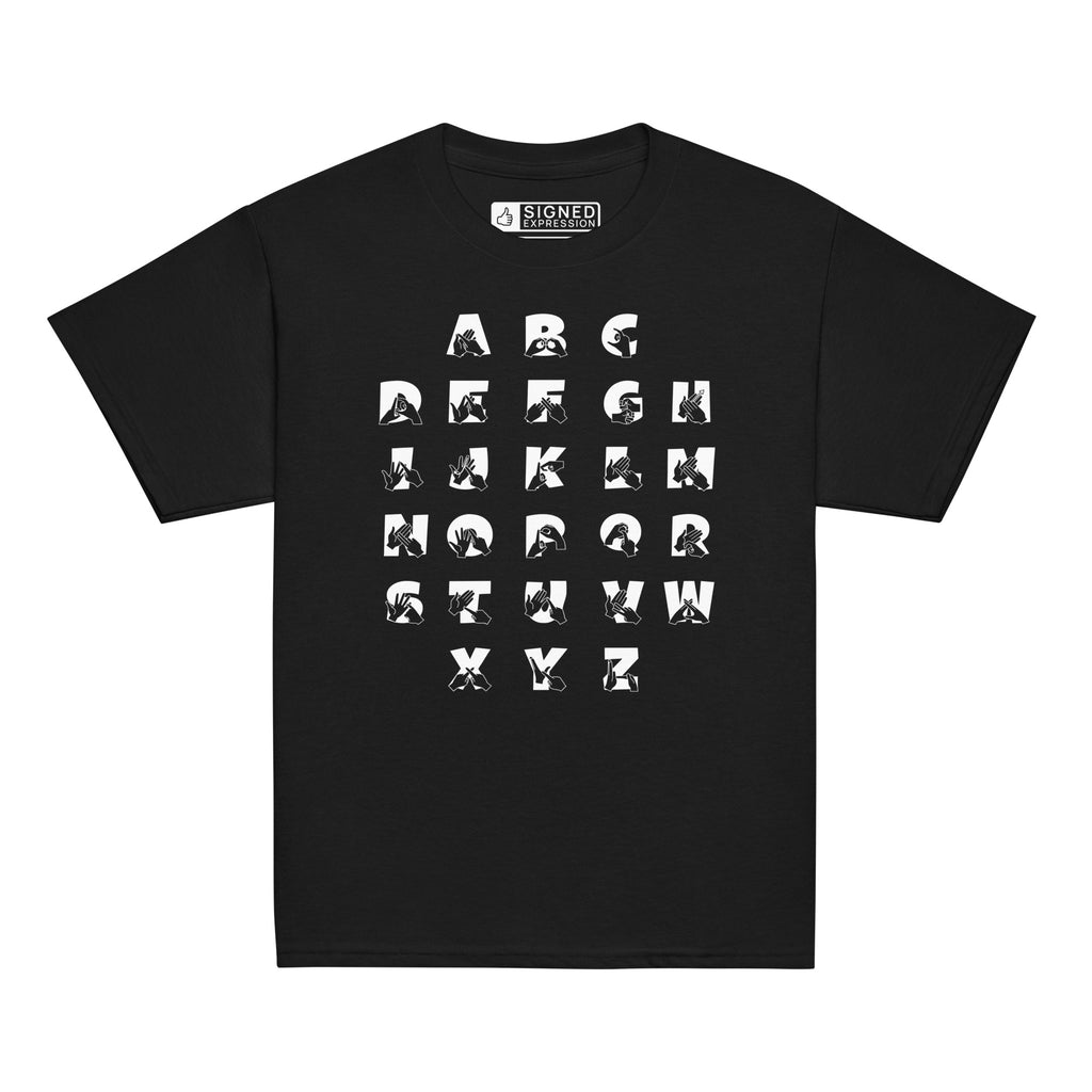 Front view of a black t-shirt with BSL Alphabet - White Fingerspelling & Text