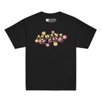 Front view of a black T-shirt featuring the phrase 'Always Be Kind' in a combination of BSL fingerspelling and text, accented with a delicate floral design.