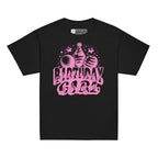 Black kids' t-shirt with "Birthday Girl" in bold letters featuring British Sign Language fingerspelling, with pink balloons, stars, and a party hat above.