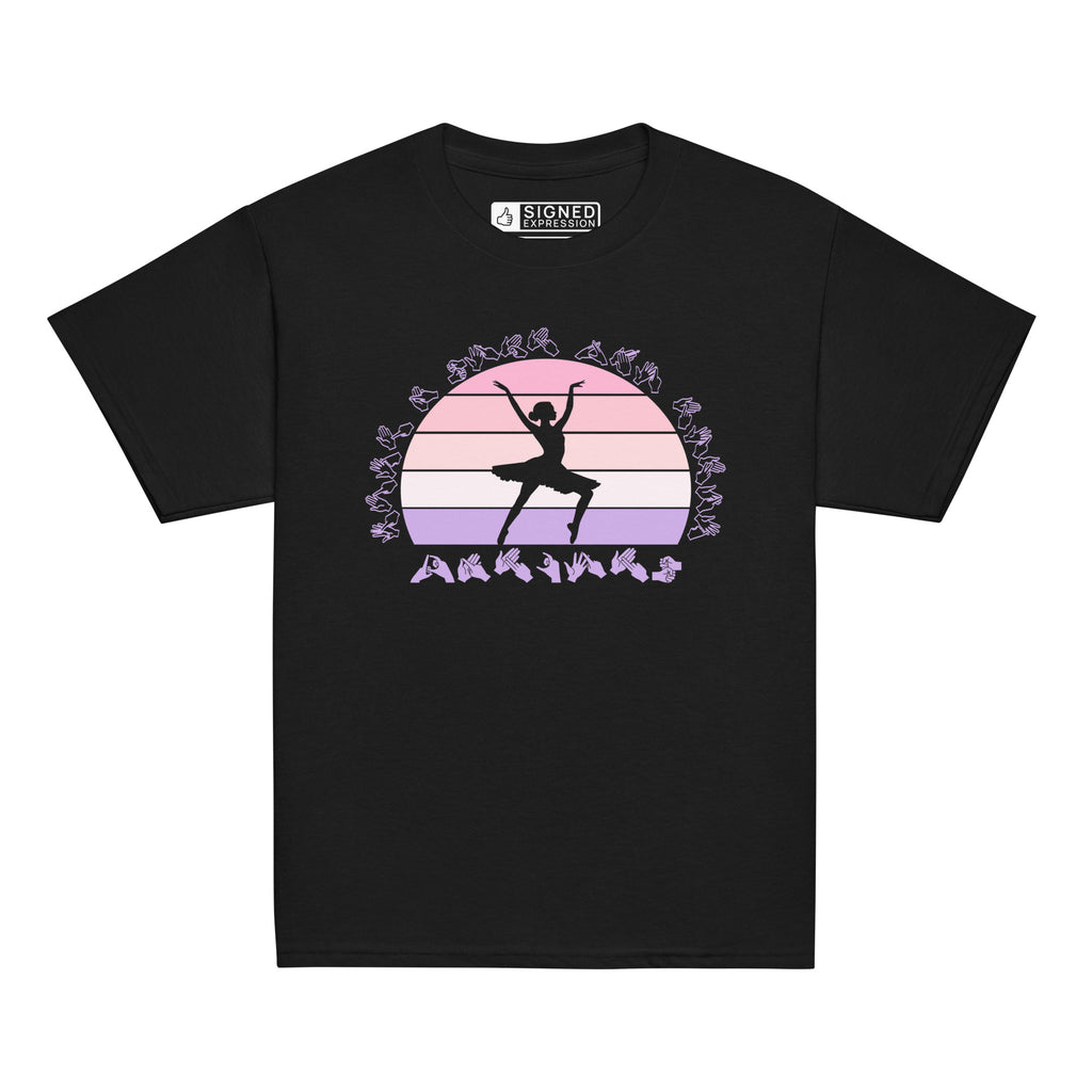 Black t-shirt with the phrase "Just a Girl Who Loves Dancing" above a colourful retro sunset and a silhouette of a girl dancing in the centre
