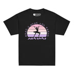 Black t-shirt with the phrase "Just a Girl Who Loves Dancing" above a colourful retro sunset and a silhouette of a girl dancing in the centre