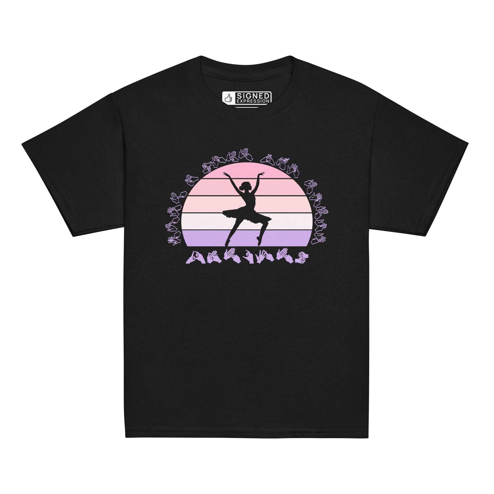 Black t-shirt with the phrase "Just a Girl Who Loves Dancing" above a colourful retro sunset and a silhouette of a girl dancing in the centre