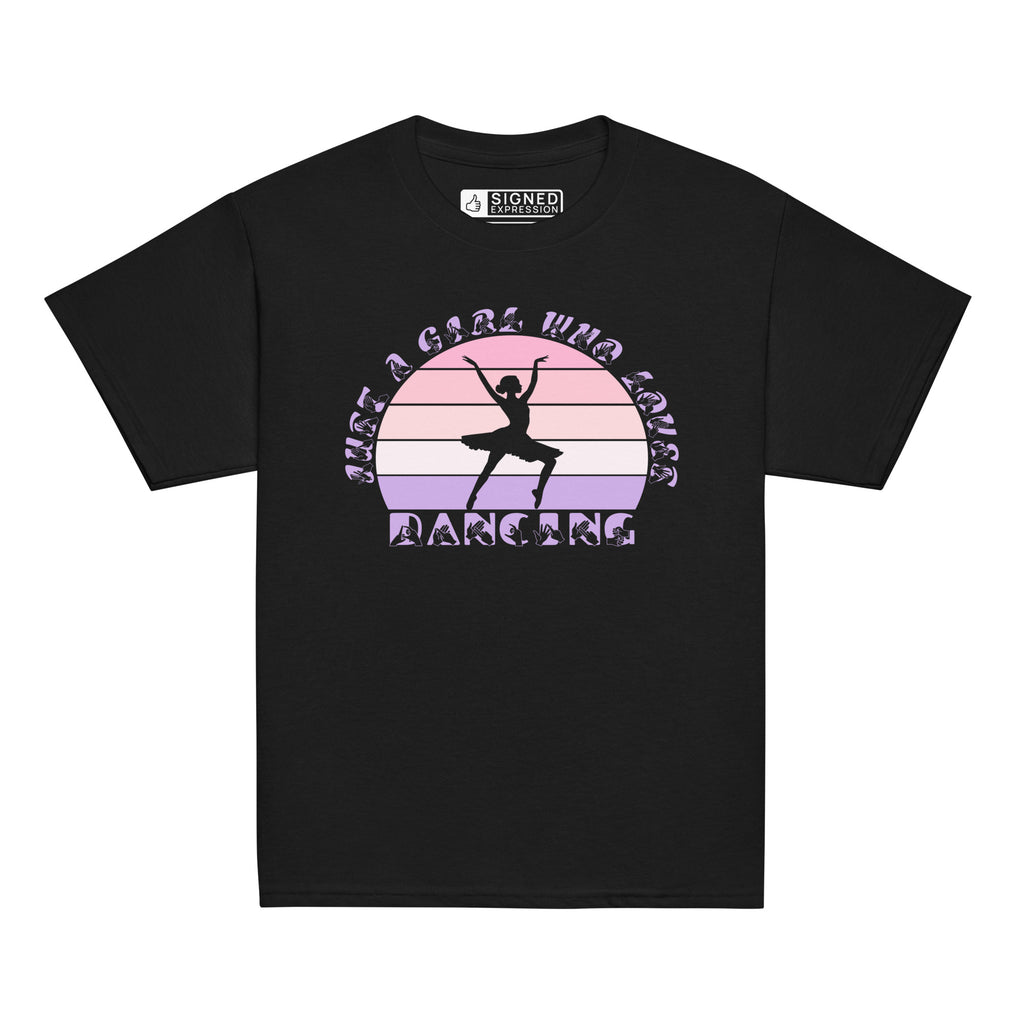Black t-shirt with the phrase "Just a Girl Who Loves Dancing" above a colourful retro sunset and a silhouette of a girl dancing in the centre