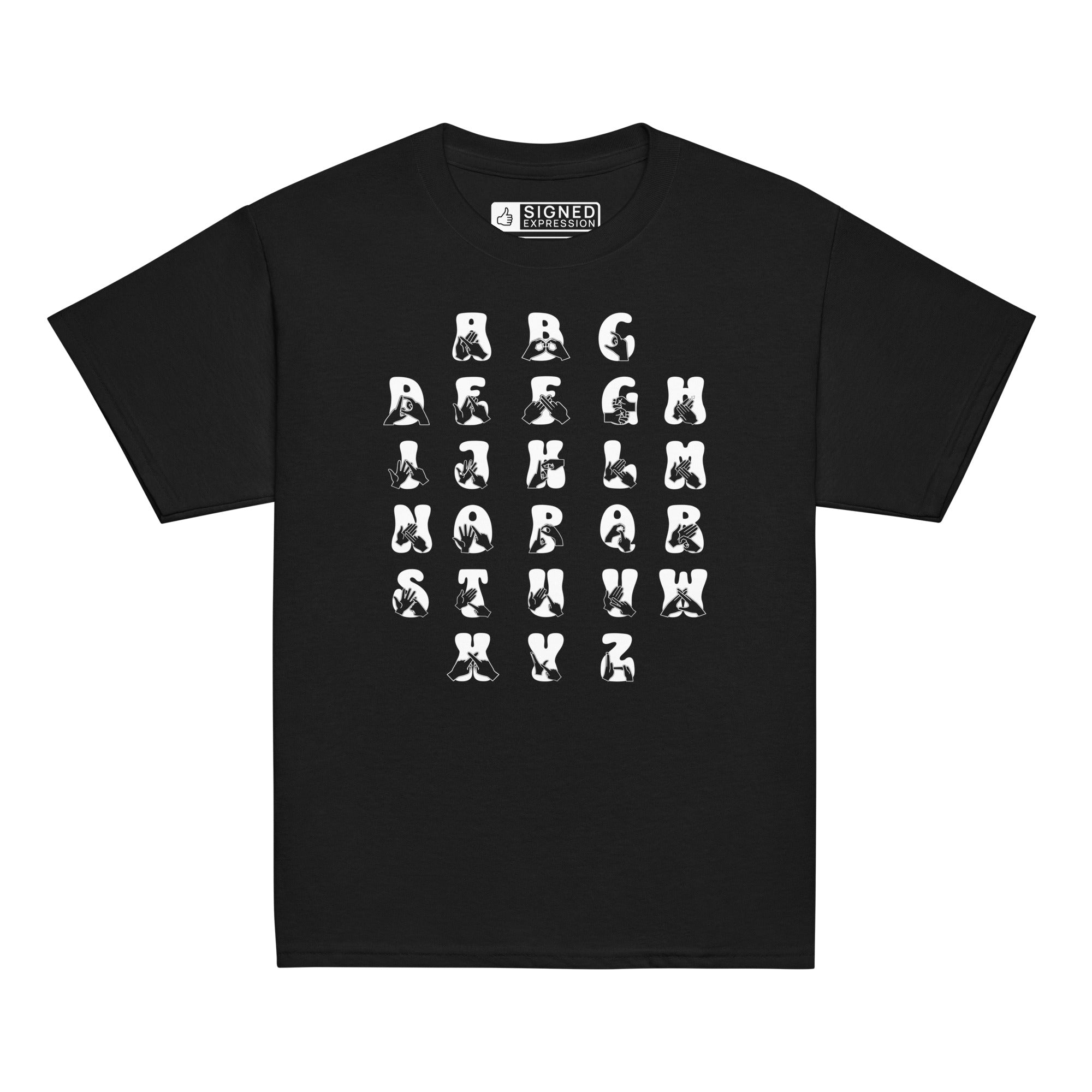 Front view of a black t-shirt with BSL Alphabet - White Fingerspelling & Text