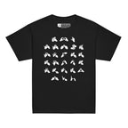Front view of a black t-shirt with BSL Alphabet - White Fingerspelling