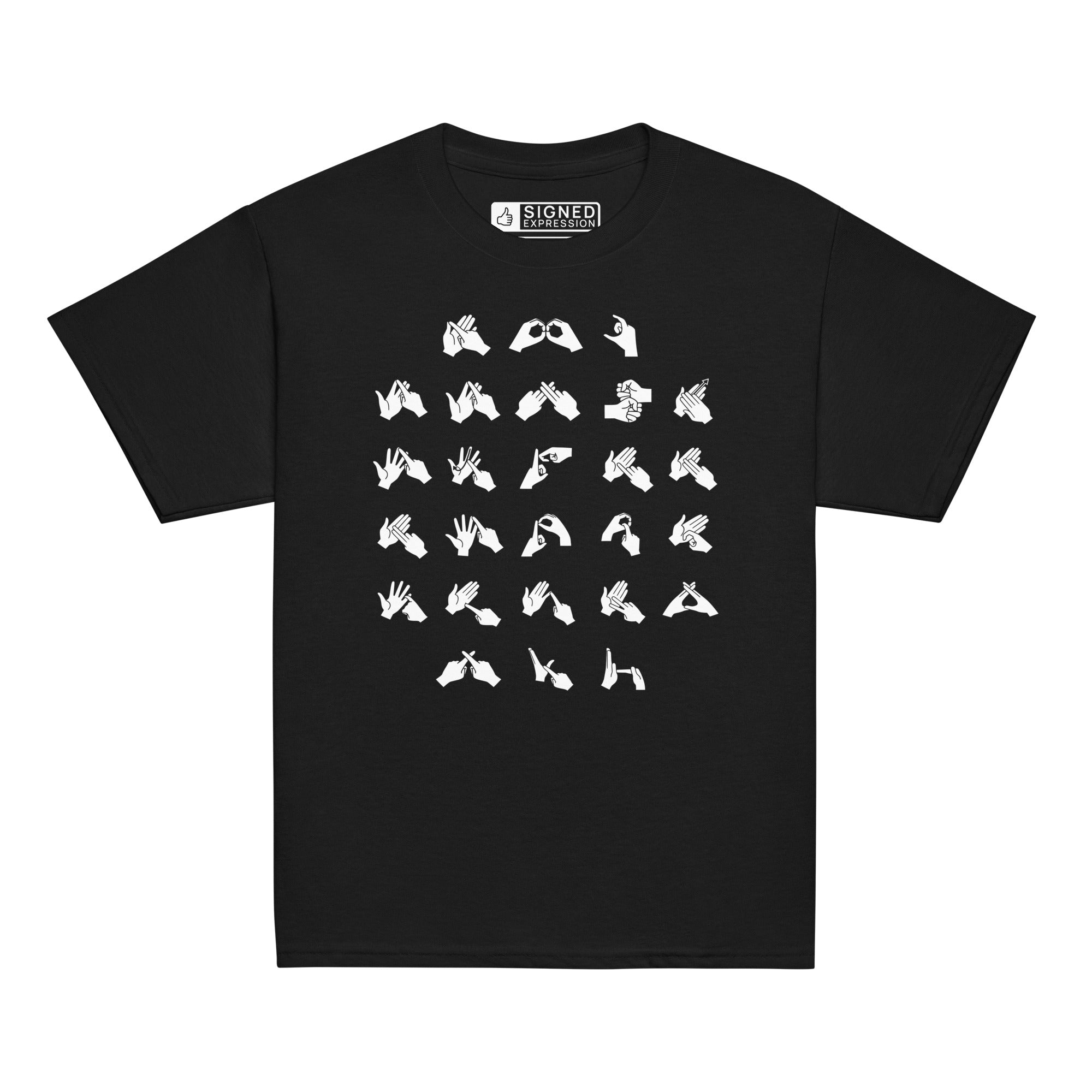 Front view of a black t-shirt with BSL Alphabet - White Fingerspelling