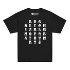 Front view of a black t-shirt with ASL Alphabet - White Fingerspelling & Text