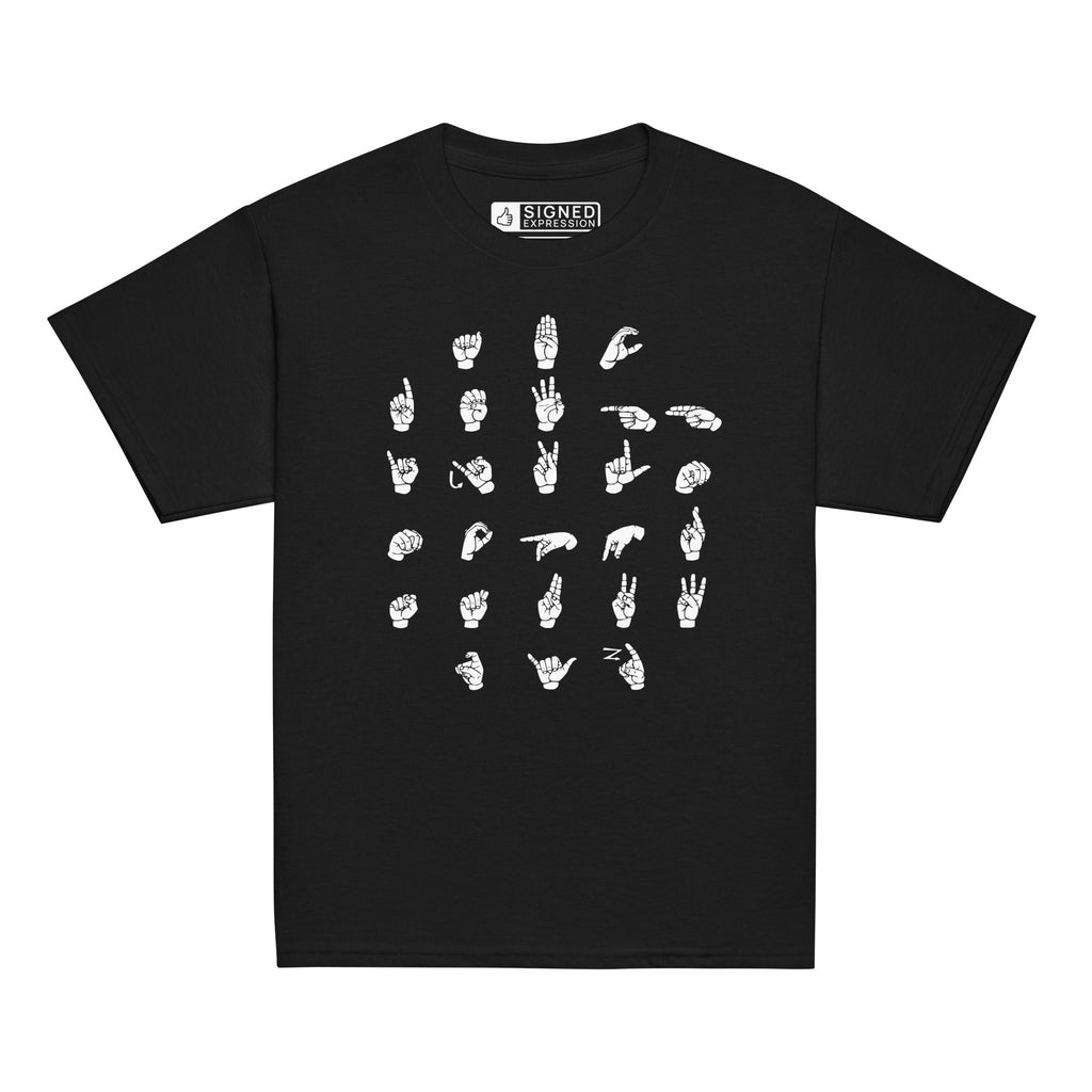 Front view of a black t-shirt with ASL Alphabet - White Fingerspelling