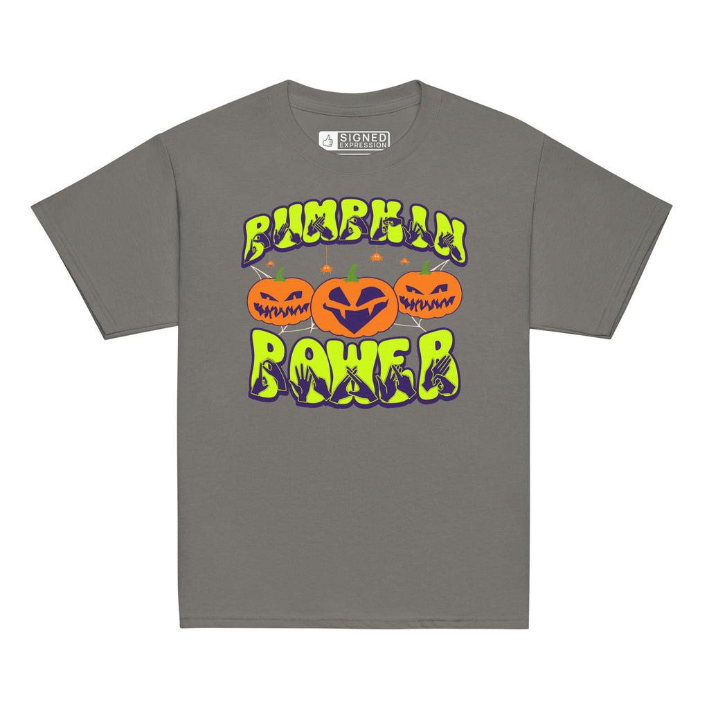 Charcoal coloured kids pumpkin power Halloween t-shirt with BSL design.