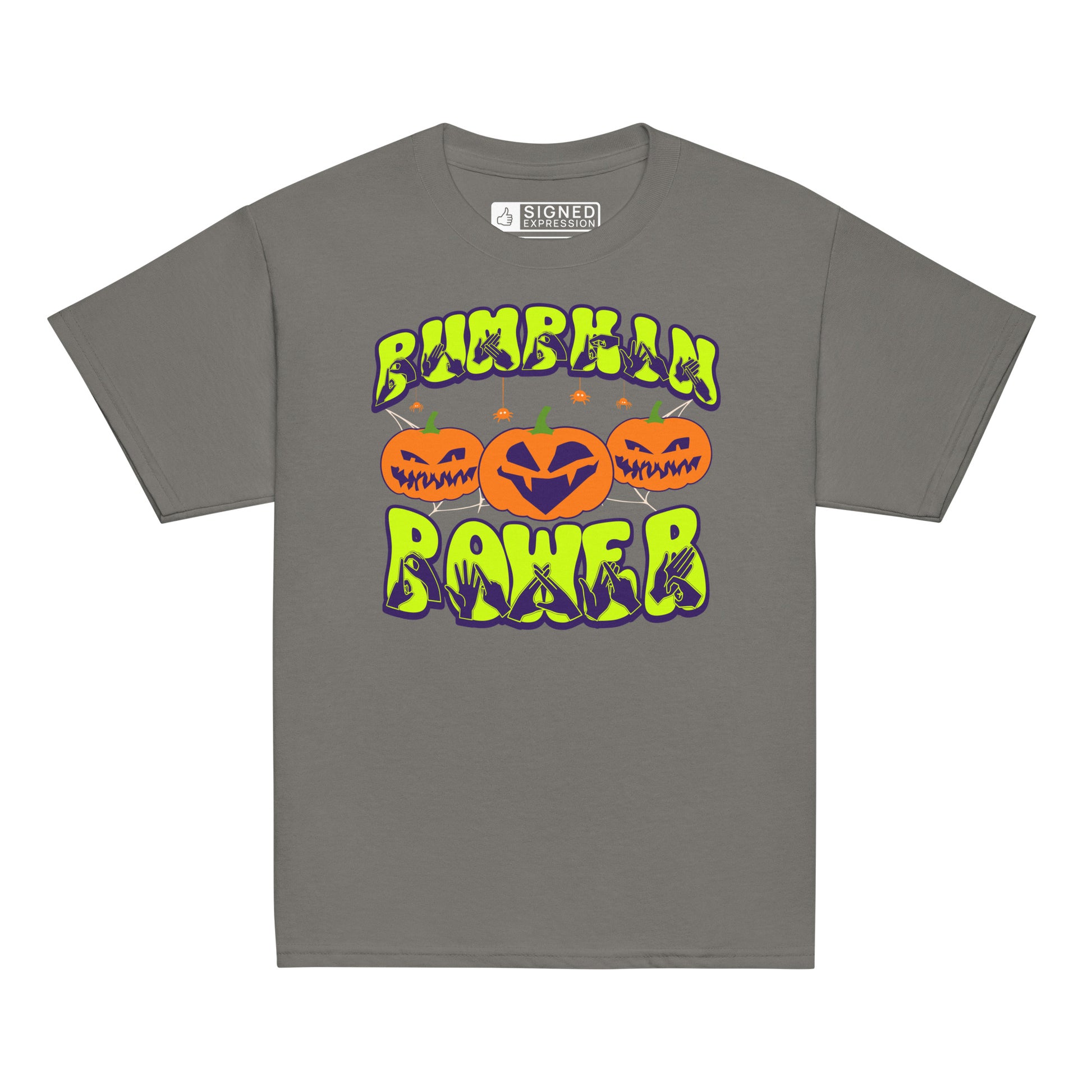 Charcoal coloured kids pumpkin power Halloween t-shirt with BSL design.