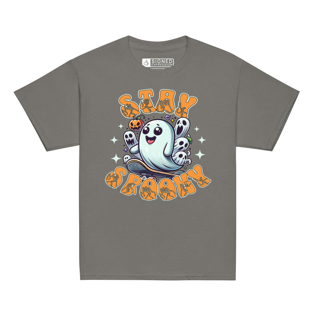 Charcoal coloured kids Halloween t-shirt with BSL design and skateboarding ghost.