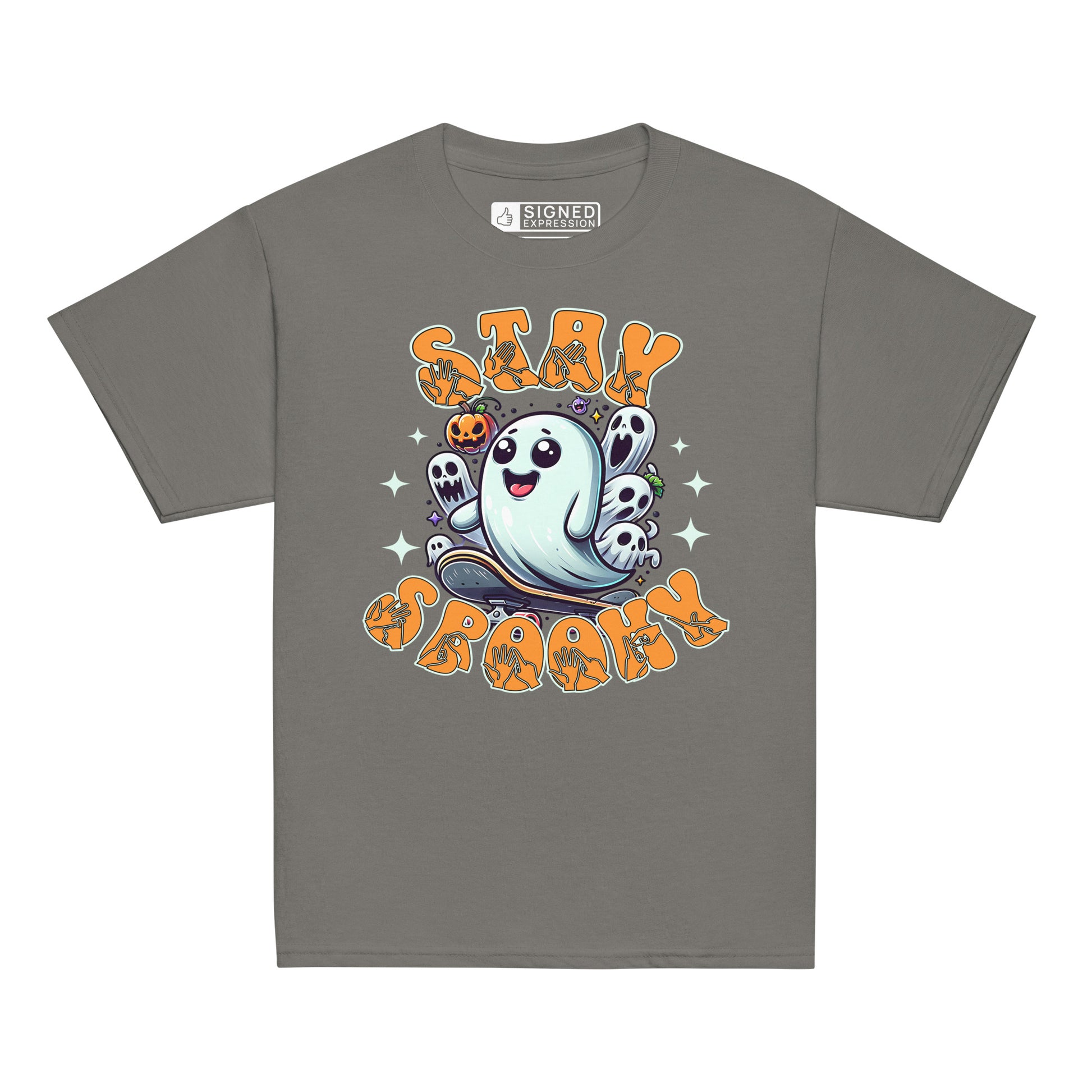 Charcoal coloured kids Halloween t-shirt with BSL design and skateboarding ghost.