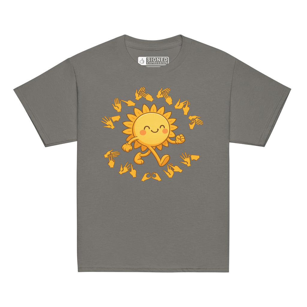 Charcoal kids' t-shirt with a cheerful sunshine character and the phrase "summer vibes" in bold BSL fingerspelling handshapes, in a lightly textured style.