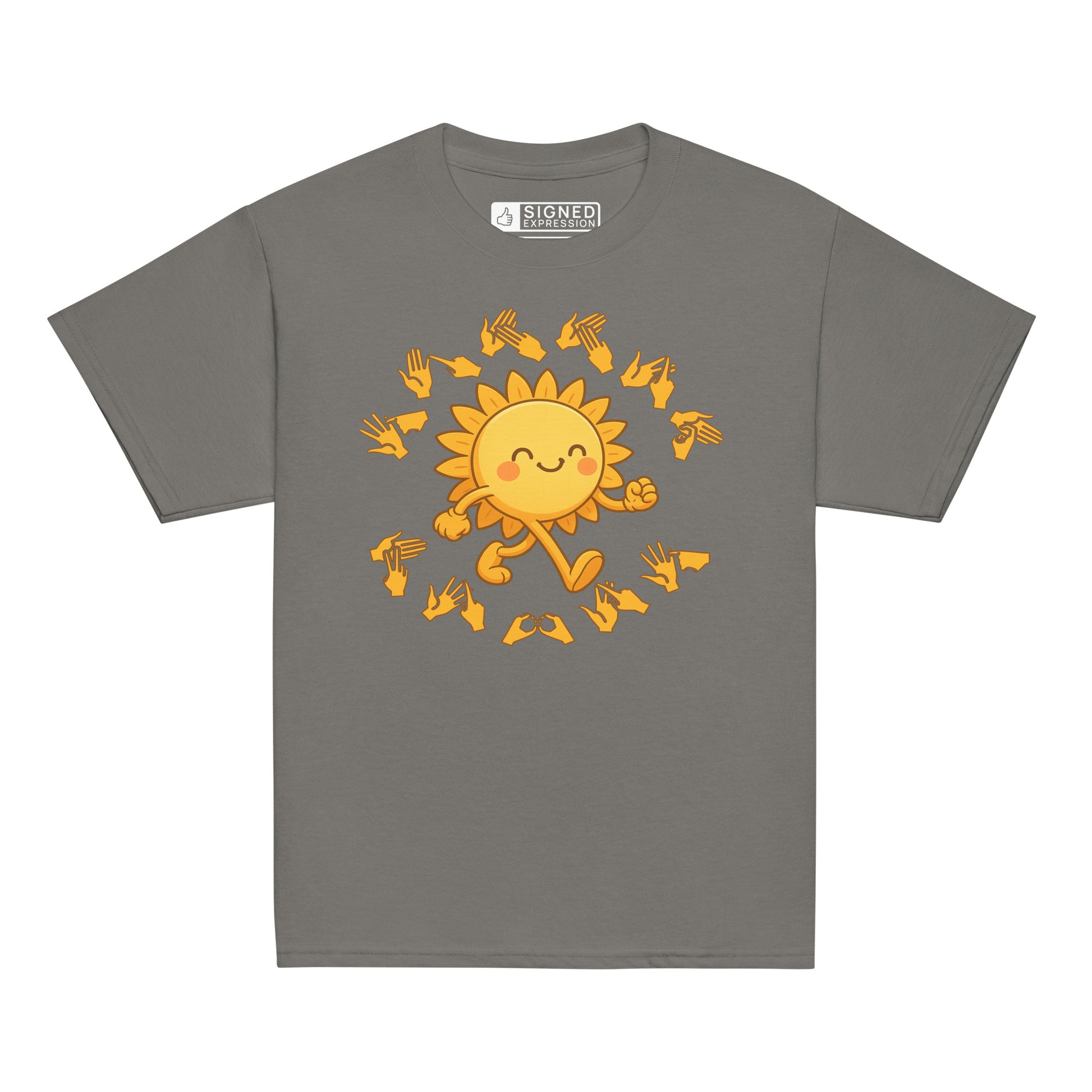 Charcoal kids' t-shirt with a cheerful sunshine character and the phrase "summer vibes" in bold BSL fingerspelling handshapes, in a lightly textured style.