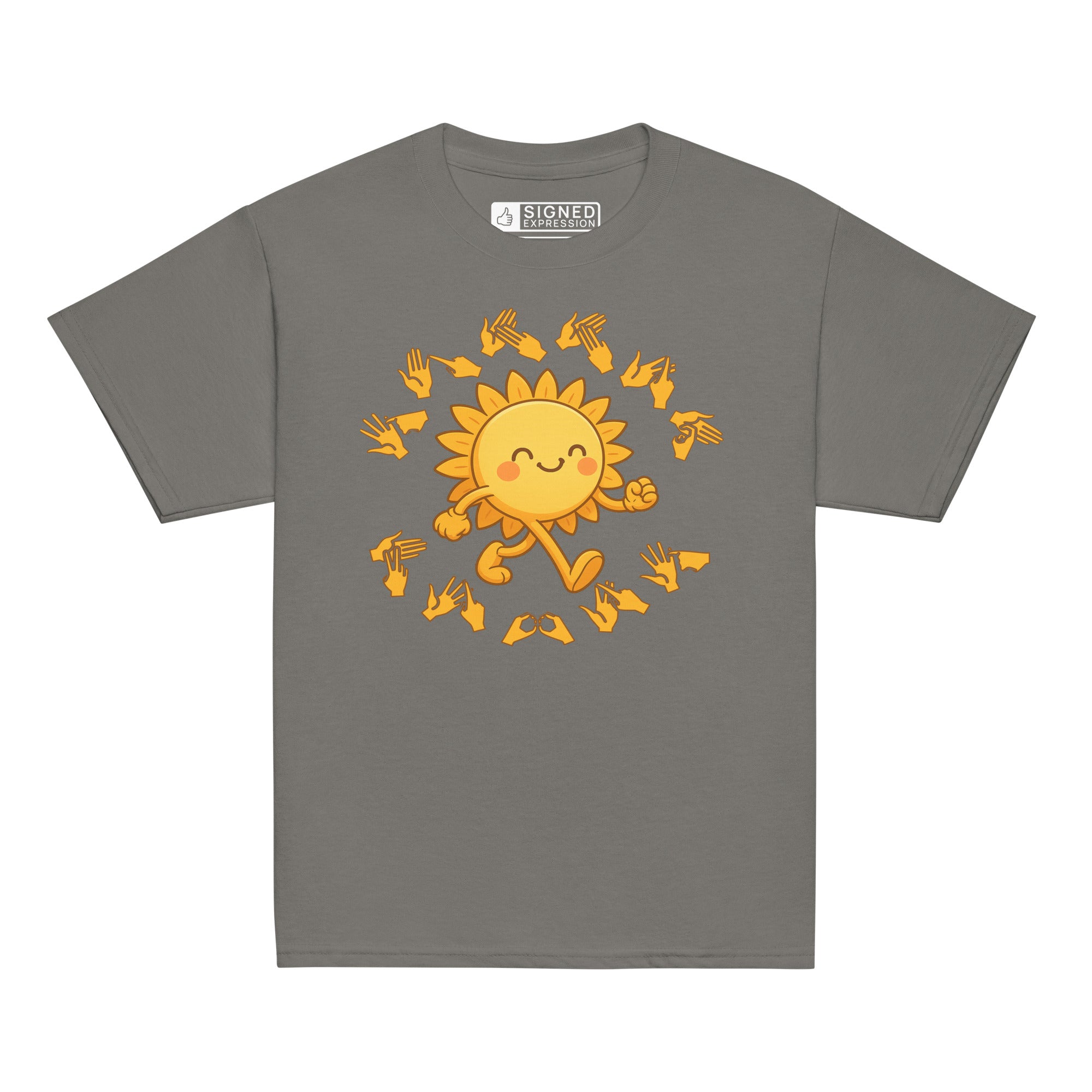 Charcoal kids' t-shirt with a cheerful sunshine character and the phrase "summer vibes" in bold BSL fingerspelling handshapes, in a lightly textured style.