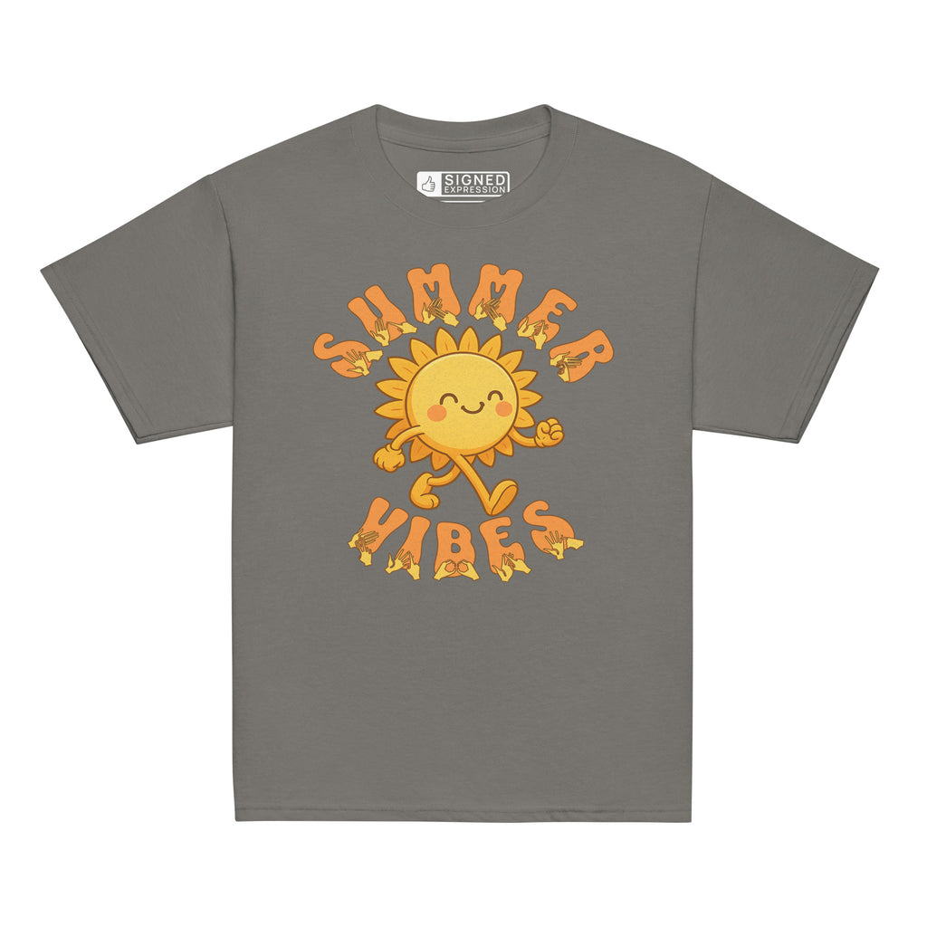 Charcoal kids’ t-shirt with a smiling cartoon sunshine and the phrase “summer vibes” in bold textured font, each letter showing British Sign Language fingerspelling underneath.