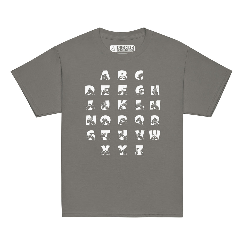 Front view of a charcoal t-shirt with BSL Alphabet - White Fingerspelling & Text
