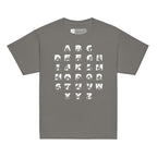 Front view of a charcoal t-shirt with BSL Alphabet - White Fingerspelling & Text