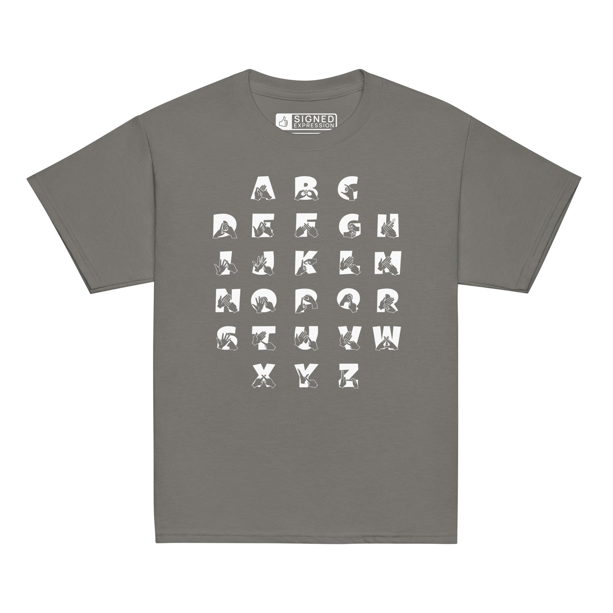 Front view of a charcoal t-shirt with BSL Alphabet - White Fingerspelling & Text