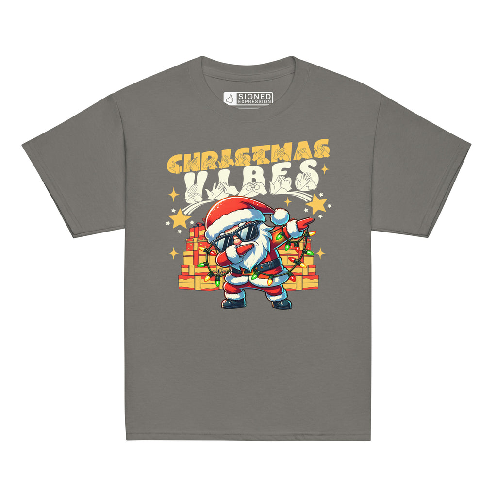 Charcoal coloured Christmas Vibes kids t-shirt with BSL design.