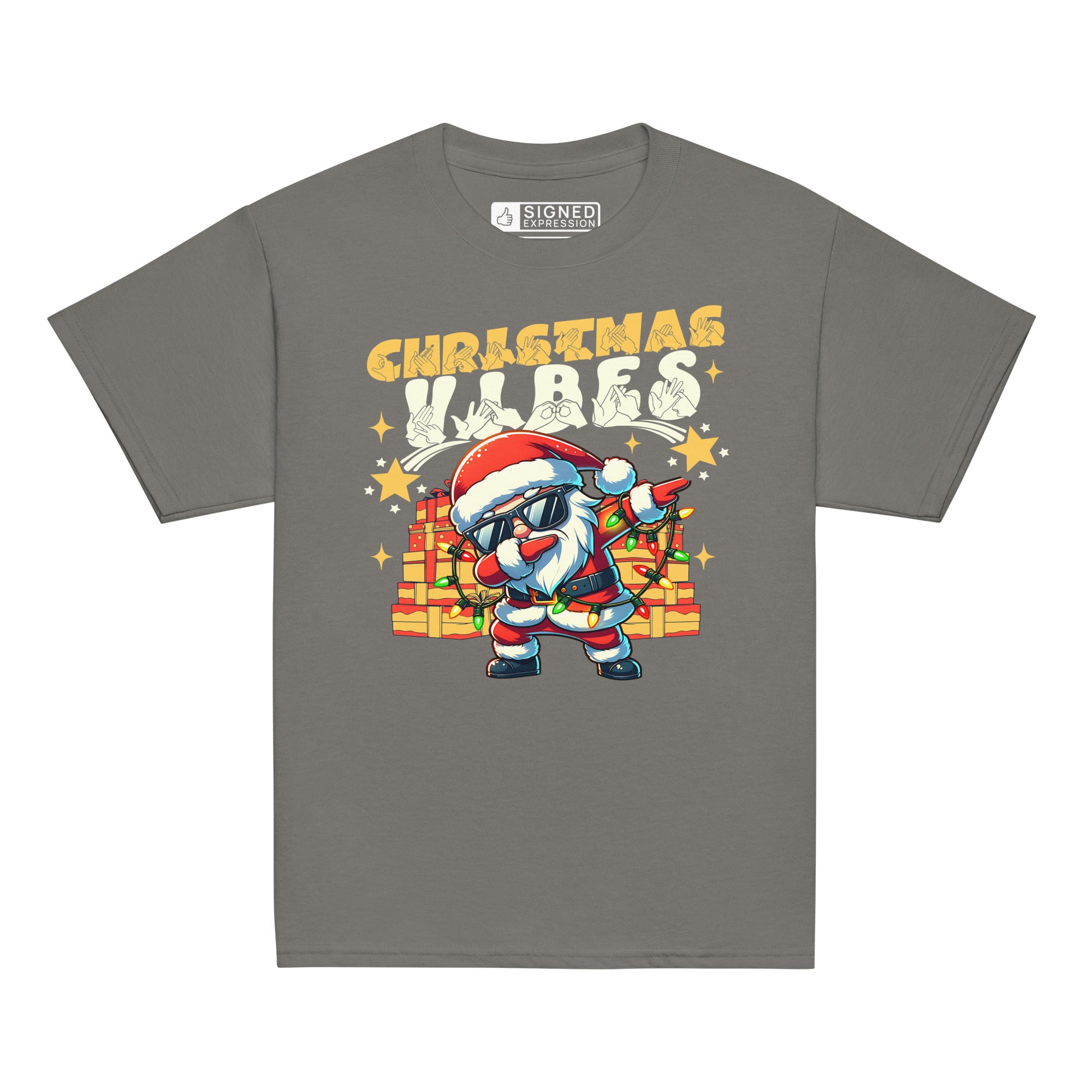 Charcoal coloured Christmas Vibes kids t-shirt with BSL design.