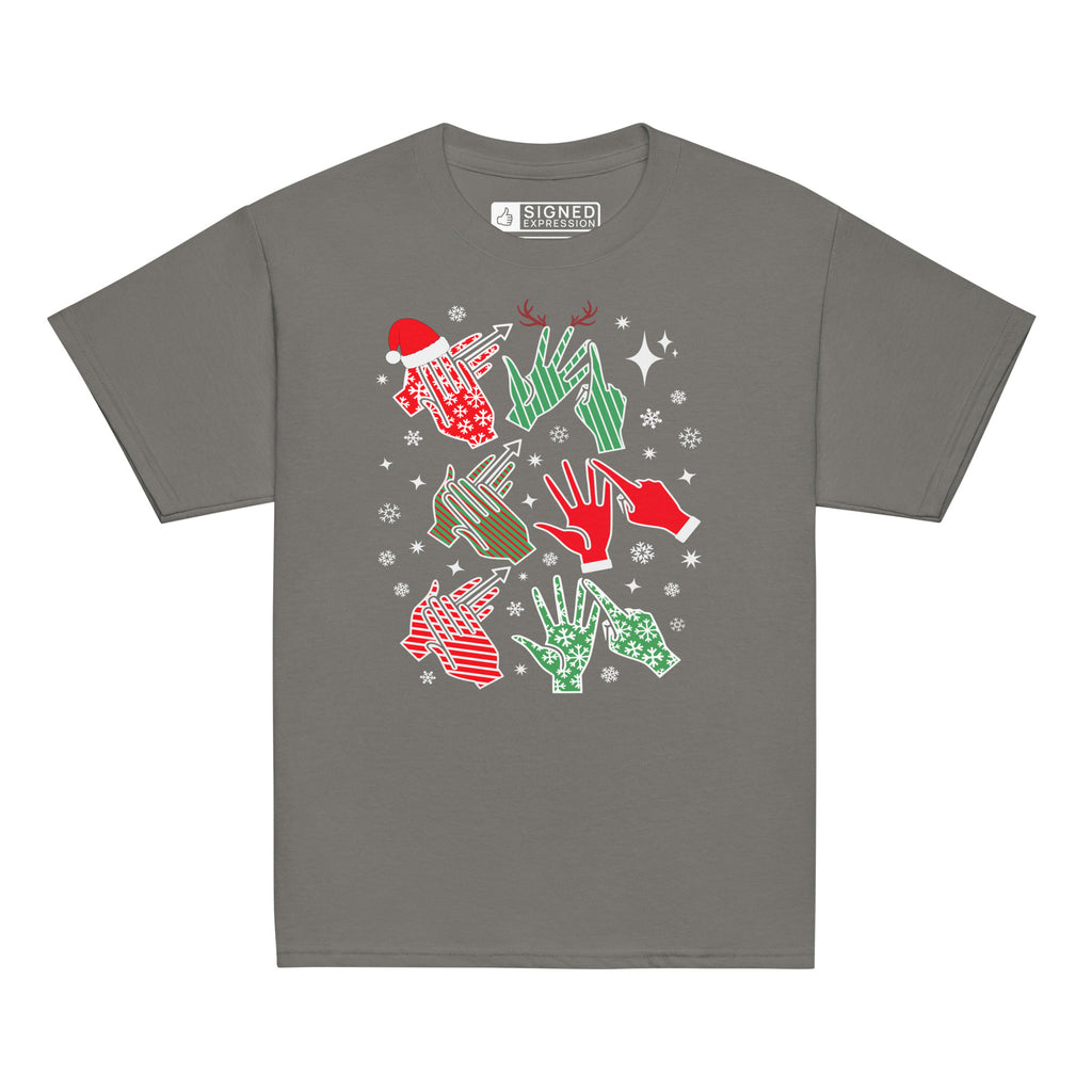 Charcoal coloured Merry Christmas sweatshirt saying HO HO HO in BSL fingerspelling.