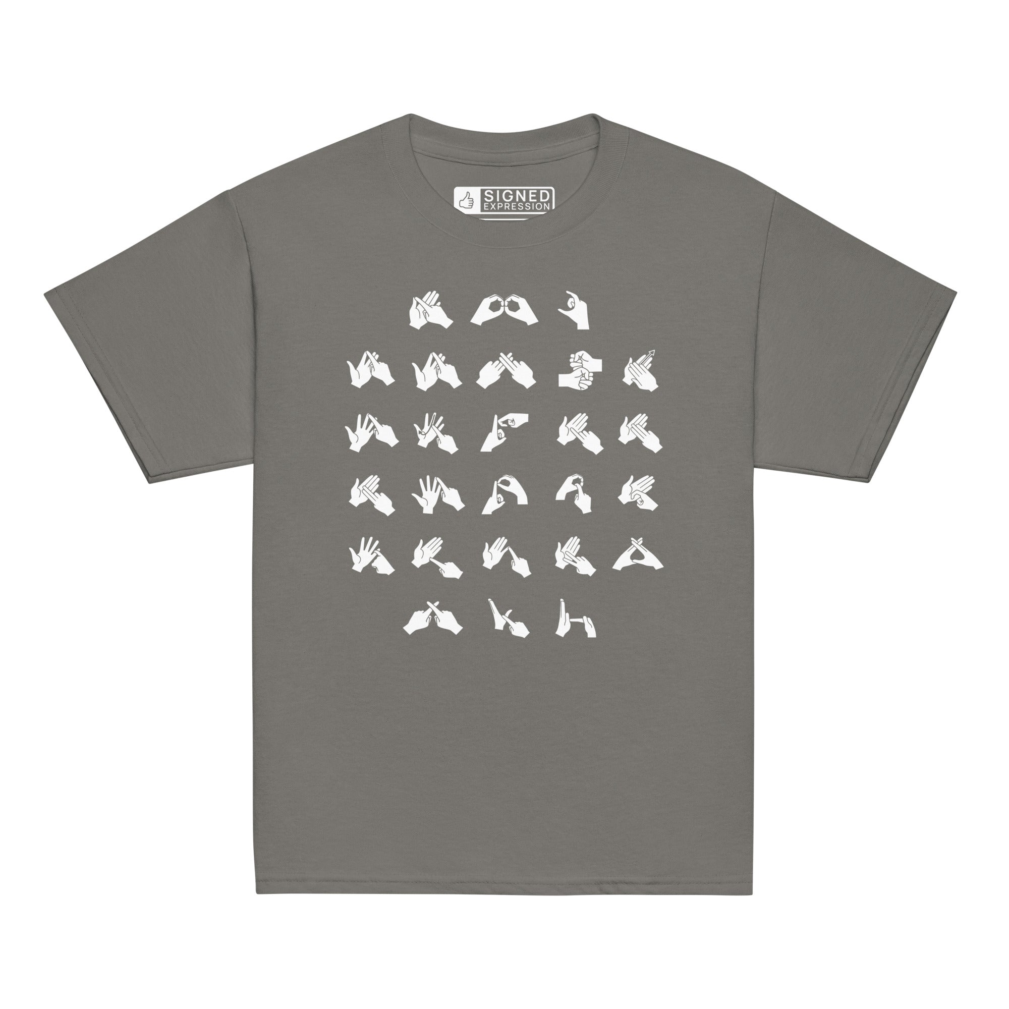 Front view of a charcoal t-shirt with BSL Alphabet - White Fingerspelling
