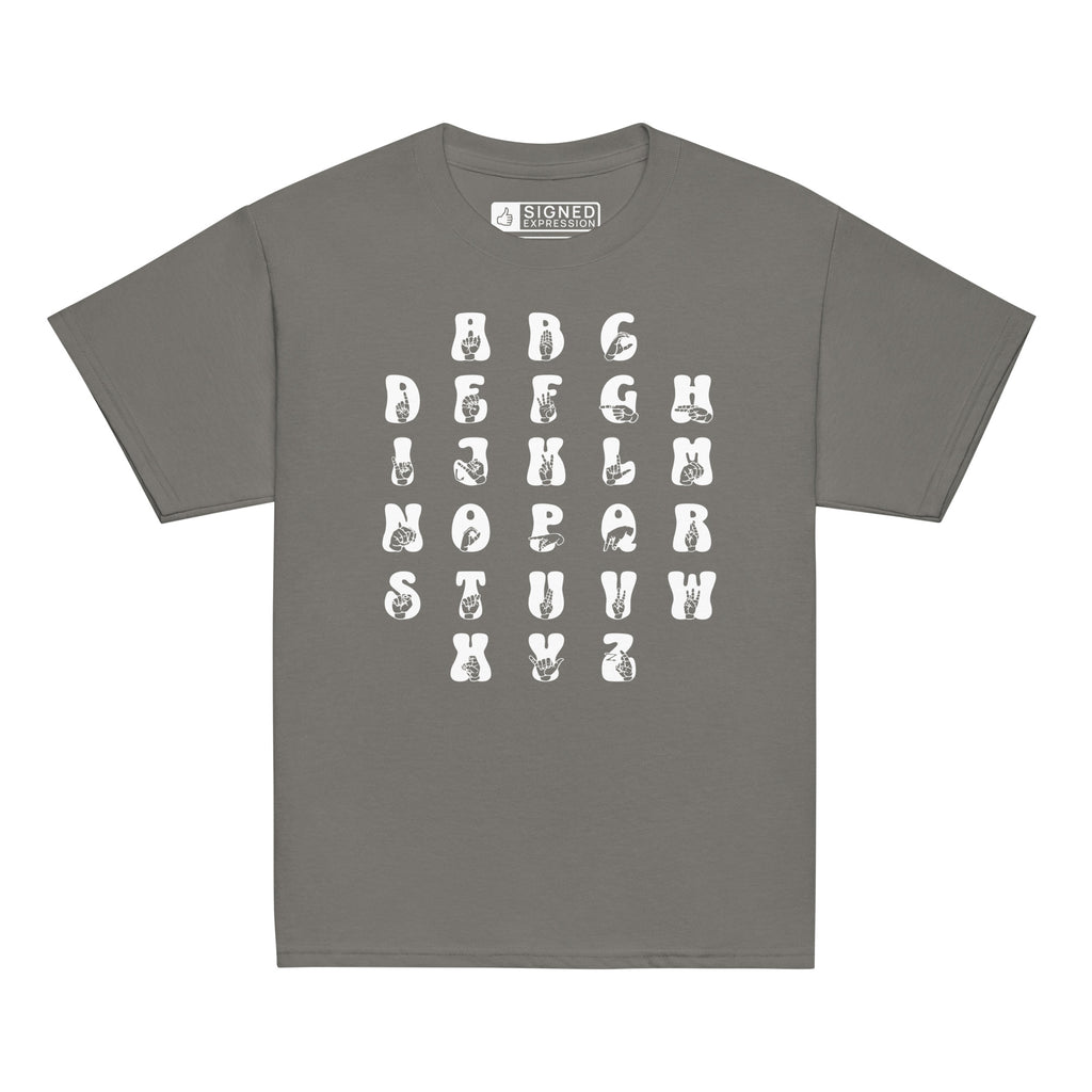 Front view of a charcoal t-shirt with ASL Alphabet - White Fingerspelling & Text