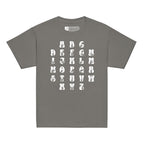 Front view of a charcoal t-shirt with ASL Alphabet - White Fingerspelling & Text