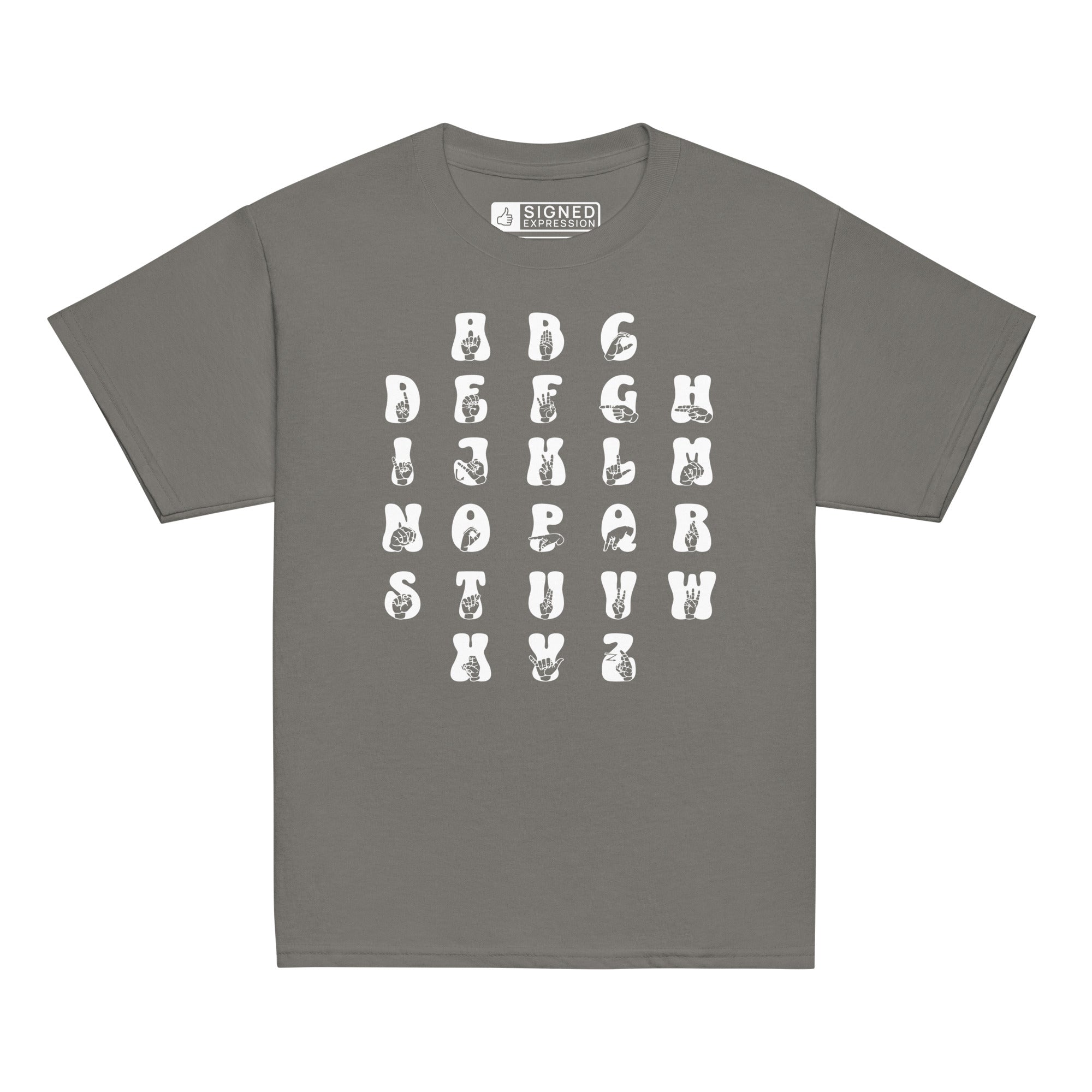 Front view of a charcoal t-shirt with ASL Alphabet - White Fingerspelling & Text
