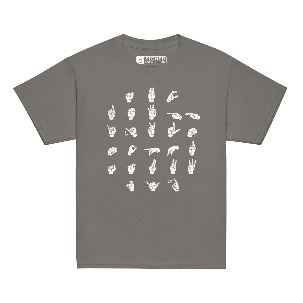 Front view of a charcoal t-shirt with ASL Alphabet - White Fingerspelling