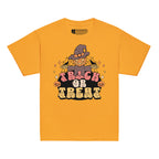Gold coloured kids Halloween scarecrow trick or treat t-shirt with BSL design.