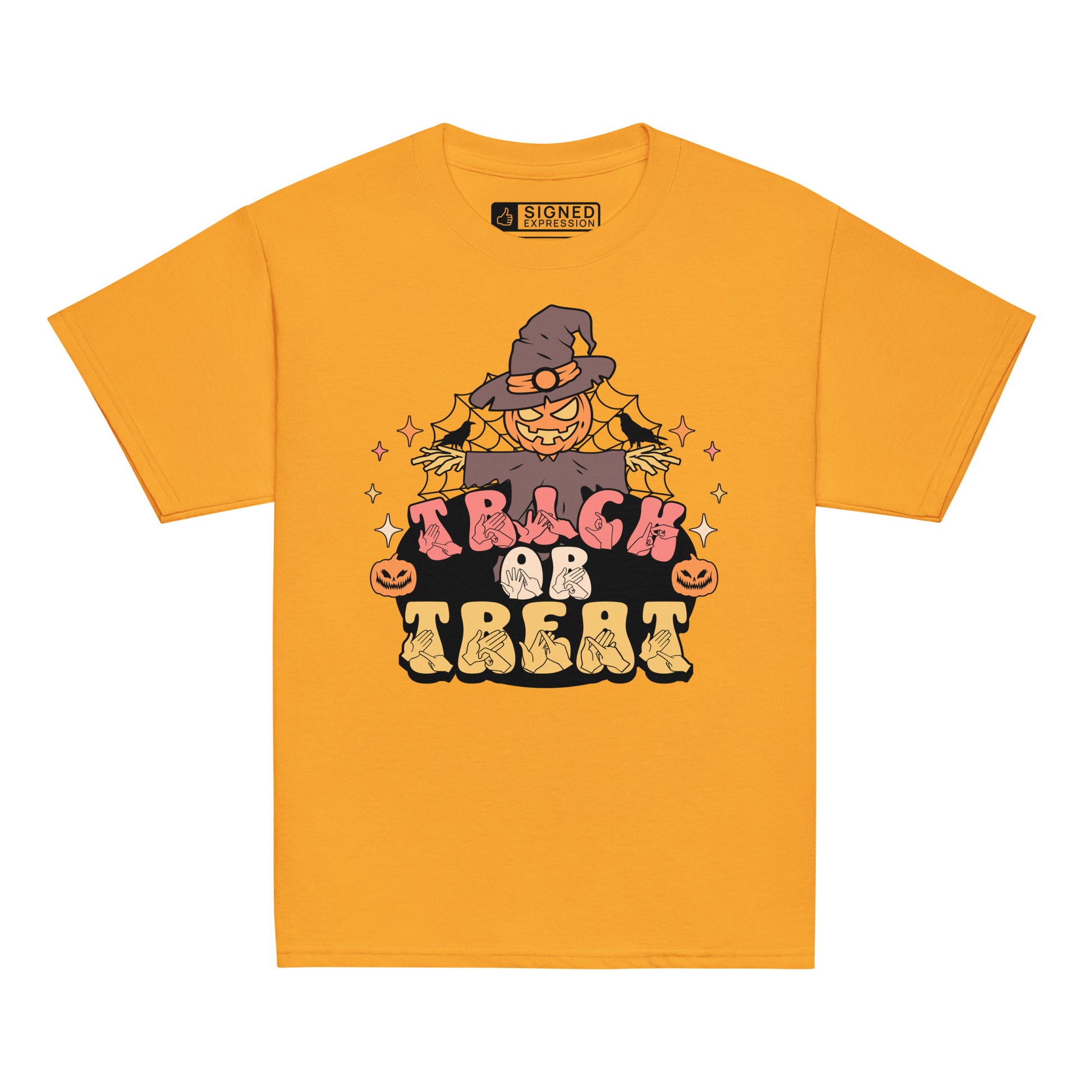 Gold coloured kids Halloween scarecrow trick or treat t-shirt with BSL design.