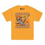 Gold coloured Kids Halloween skeleton dab t-shirt with BSL spooky season design.