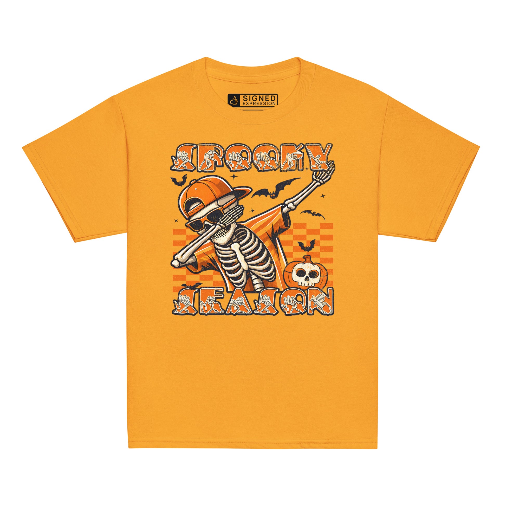 Gold coloured Kids Halloween skeleton dab t-shirt with BSL spooky season design.