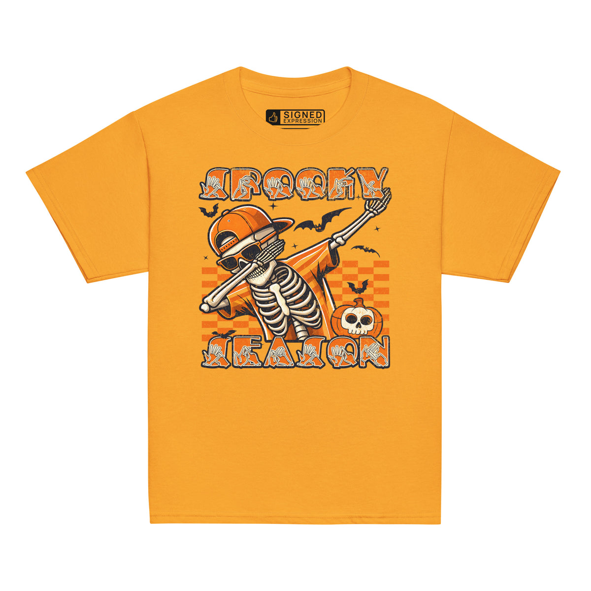 Gold coloured Kids Halloween skeleton dab t-shirt with BSL spooky season design.