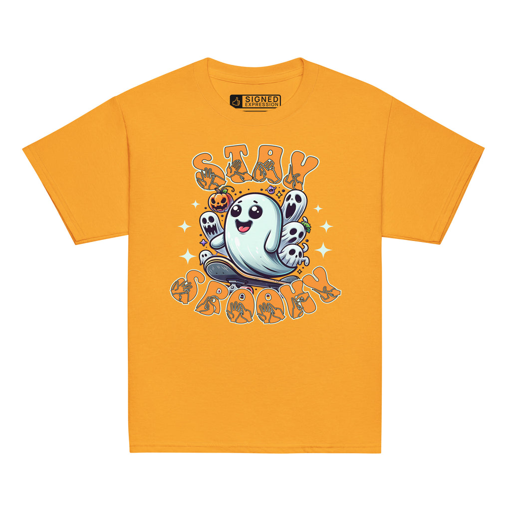 Gold coloured kids Halloween t-shirt with BSL design and skateboarding ghost.
